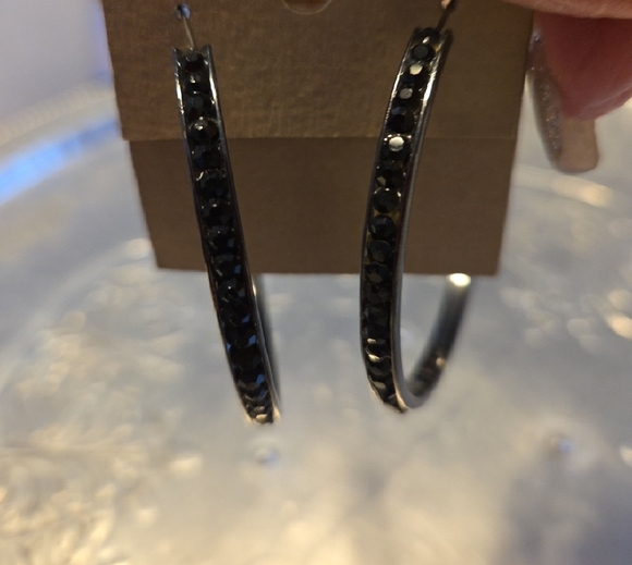 Black Hoop Earring with Black Crystals - Picture 2 of 4